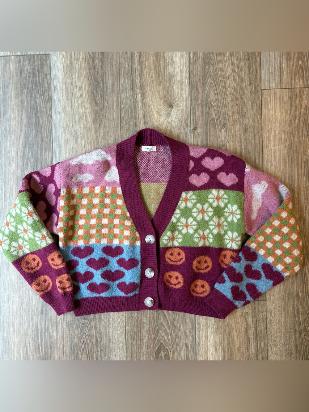 Debut Multi-Pattern Patchwork Cropped Cardigan Burgundy Pink Green Size S